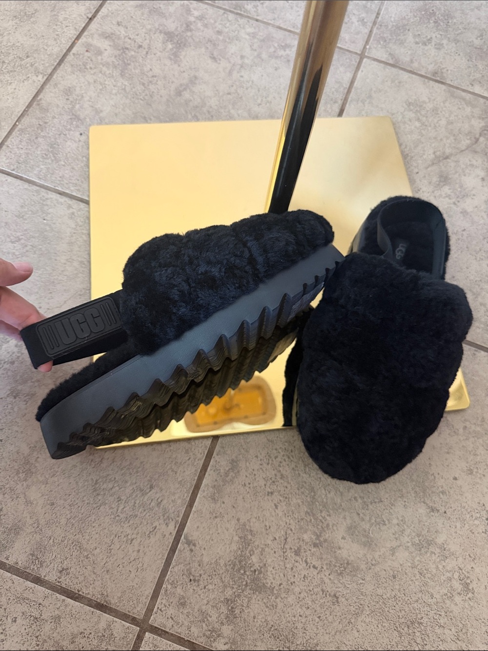 UGG Black Plush Fuzz Slide Slippers